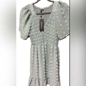 Smocked Dress Short Flutter Sleeve V Neck Swiss Dot Babydoll Ruffle Dress